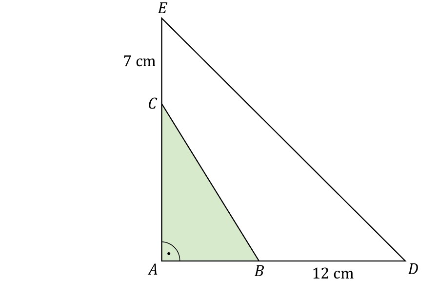 Rysunek do zad. 14: trojkat prostokatny ABC wpisany w wiekszy trojkat ADE, boki 7 cm i 12 cm