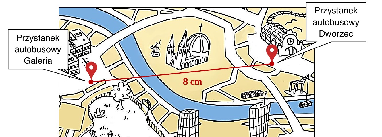 Rysunek do zad. 10: plan miasta z zaznaczonymi przystankami Galeria i Dworzec oraz odcinkiem 8 cm