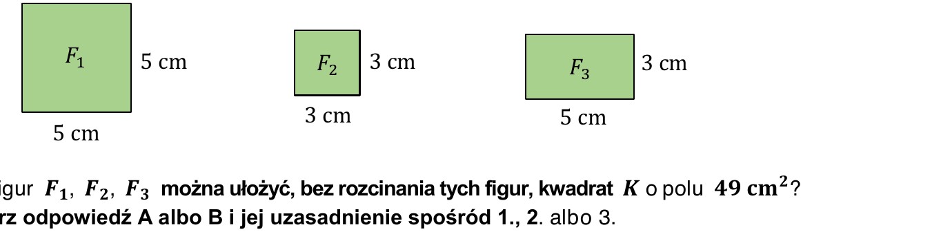 Rysunek do zad. 14: trzy figury - kwadraty F1 (5 cm), F2 (3 cm) i prostokąt F3 (5x3 cm)