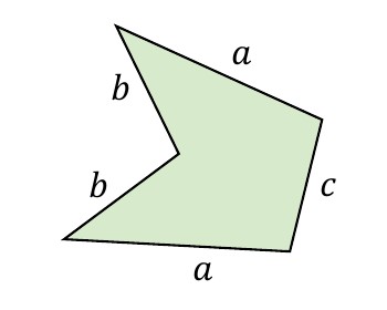 Rysunek do zad. 5: pięciokąt (wklęsły) z oznaczonymi bokami a, b, b, c, a