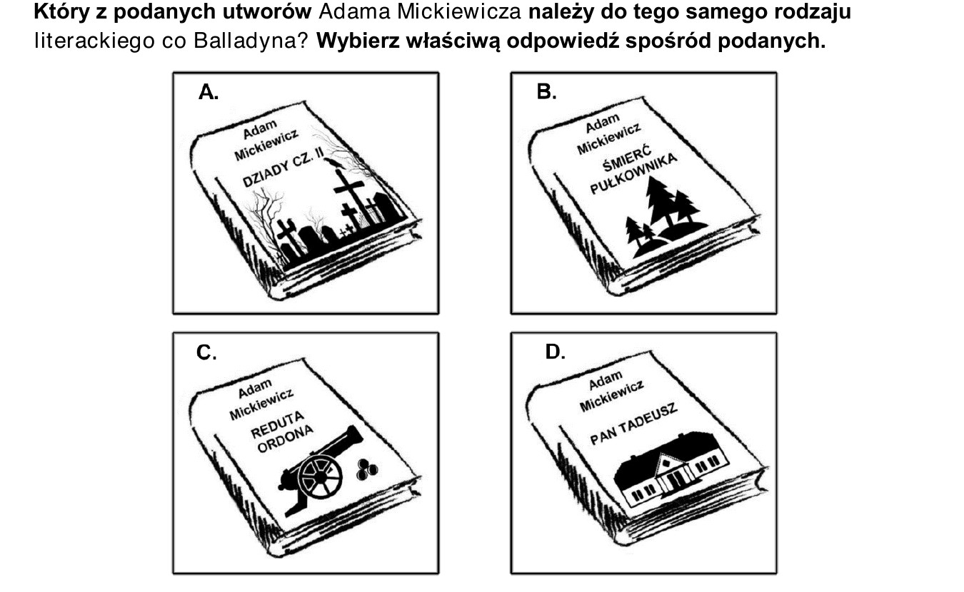 Rysunek do zad. 7: cztery okladki ksiazek Adama Mickiewicza (A. Dziady cz. II, B. Smierc Pulkownika, C. Reduta Ordona, D. Pan Tadeusz)