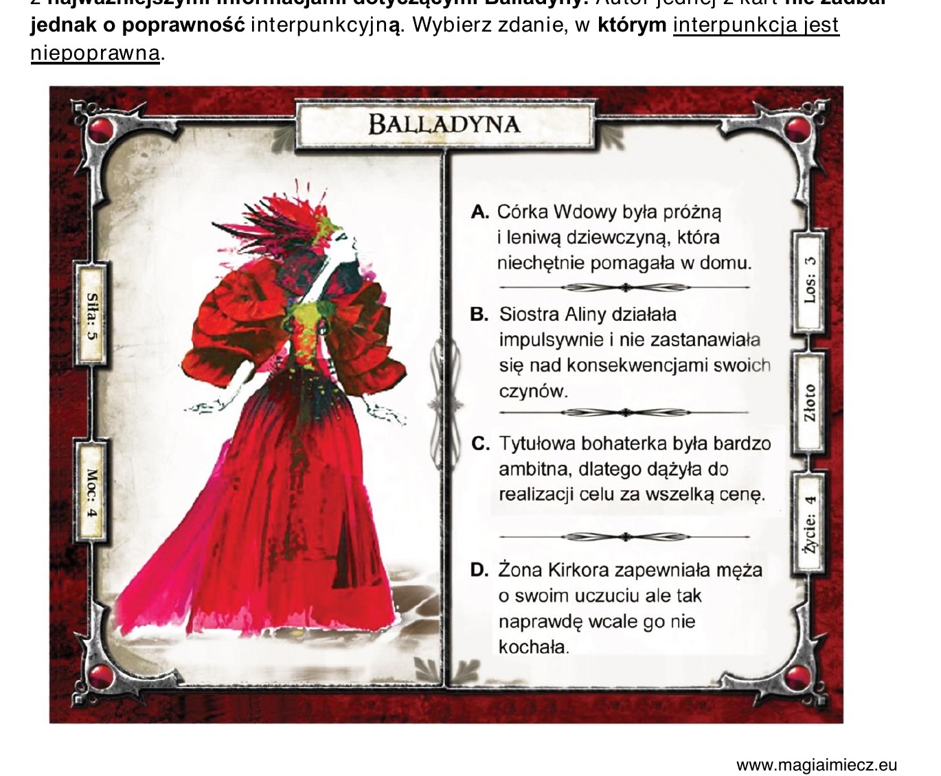 Rysunek do zad. 8: reprodukcja karty do gry 'Balladyna' z postacia w czerwonej sukni i opisami A-D