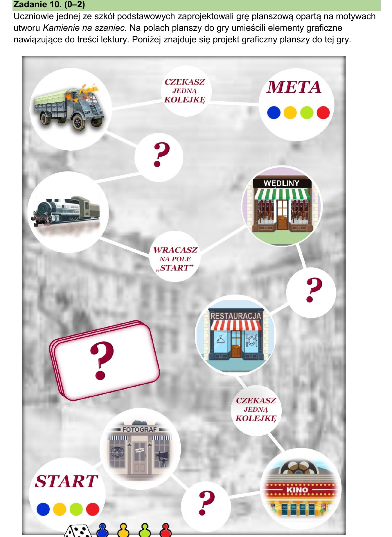 Rysunek do zad. 10: projekt graficzny planszy gry planszowej (pola START/META, ilustracje ciężarówki, pociągu, sklepów, kina, fotografa, pionki i kostka)
