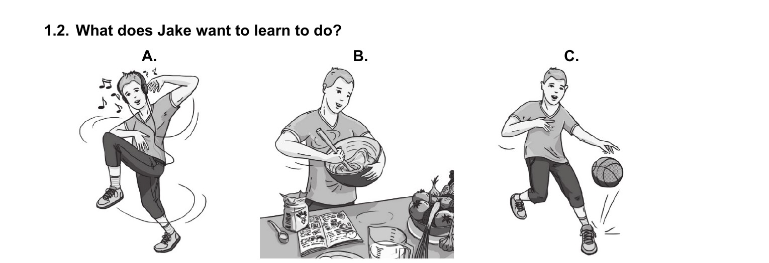 Zad. 1.2 — obrazki A/B/C: taniec / gotowanie / koszykówka (What does Jake want to learn to do?)