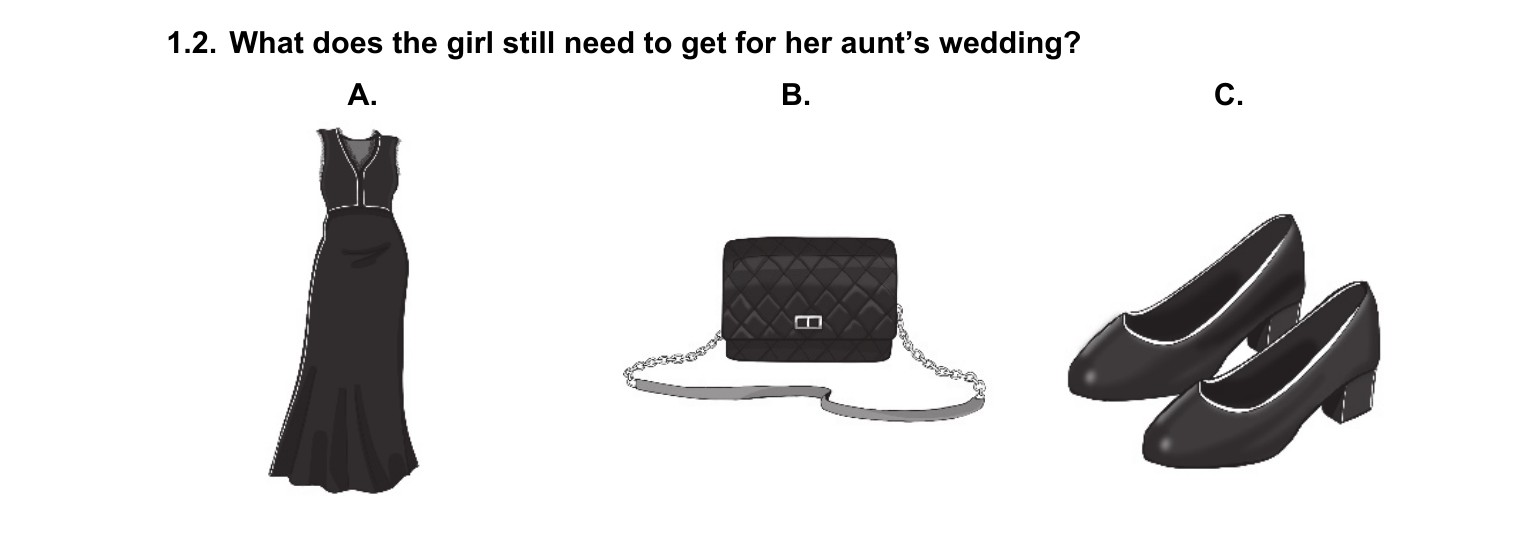 Zad. 1.2 — obrazki A/B/C: sukienka / torebka / buty (What does the girl still need for the wedding?)