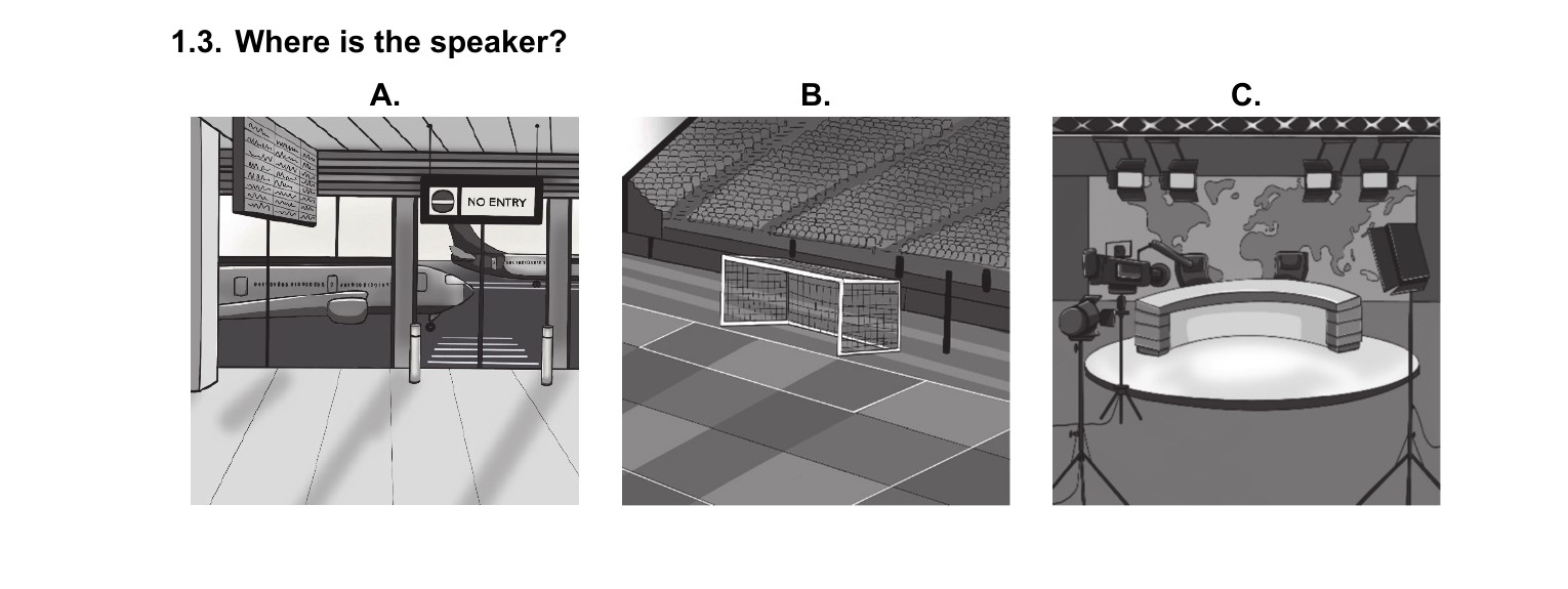 Zad. 1.3 — obrazki A/B/C: lotnisko / stadion / studio TV (Where is the speaker?)