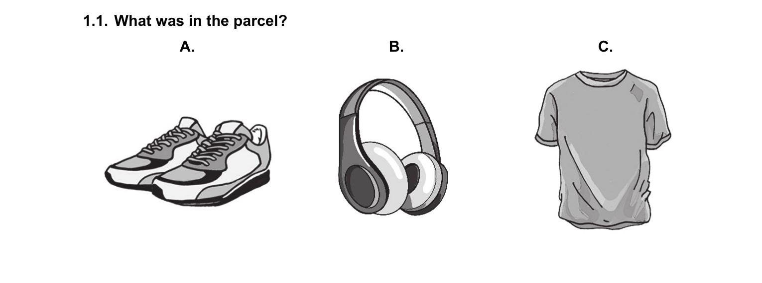 Zad. 1.1 — obrazki A/B/C: buty / słuchawki / T-shirt (What was in the parcel?)